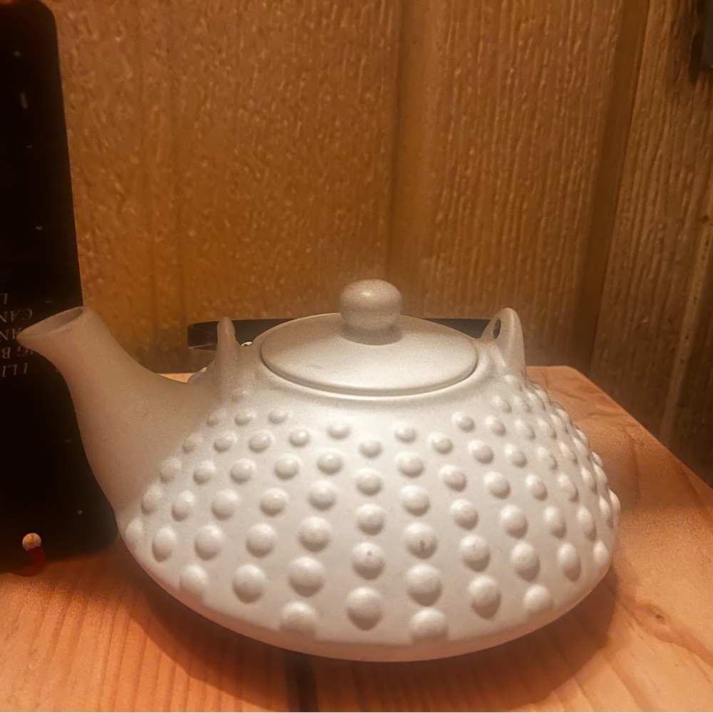 Vintage Stoneware Teapot with Cast Iron Handle and Hobnail Pattern, Japanese